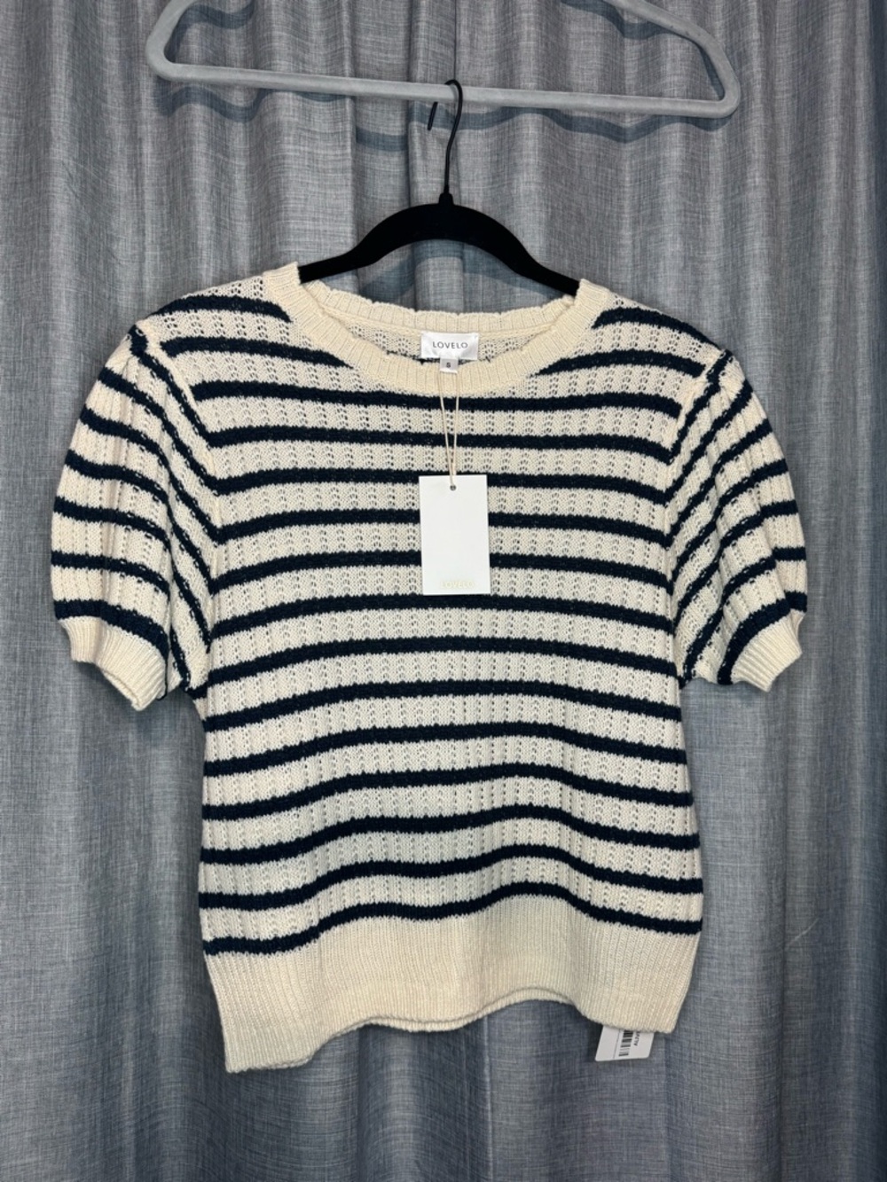 LOVELO Striped Short Sleeve Knit Top - Cream & Navy